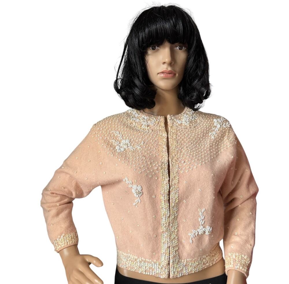 Vintage Jo Ro Imports Angora Lamb Wool Beaded Sequin pink white Cardigan small